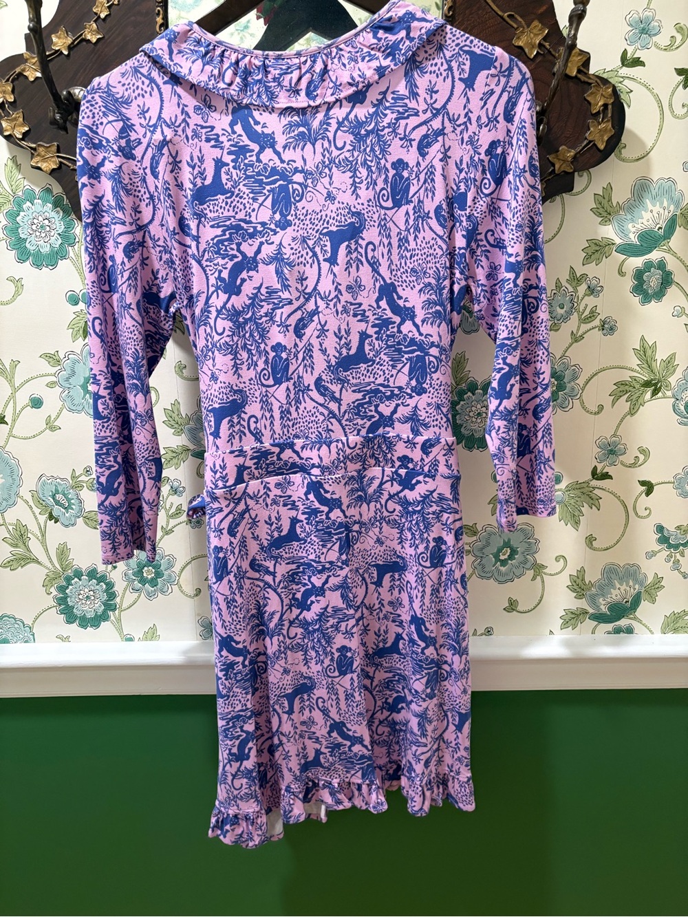 Lilly Pulitzer Jungle Toile Wrap Dress Pink Blue Monkey Leopard Ruffle Hem M - Picture 5 of 6